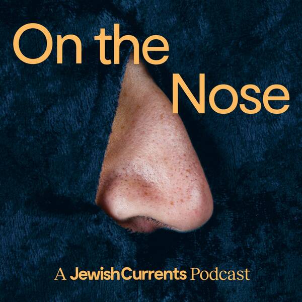 A nose peeking out of what looks like a curtain. Logo of the podcast.